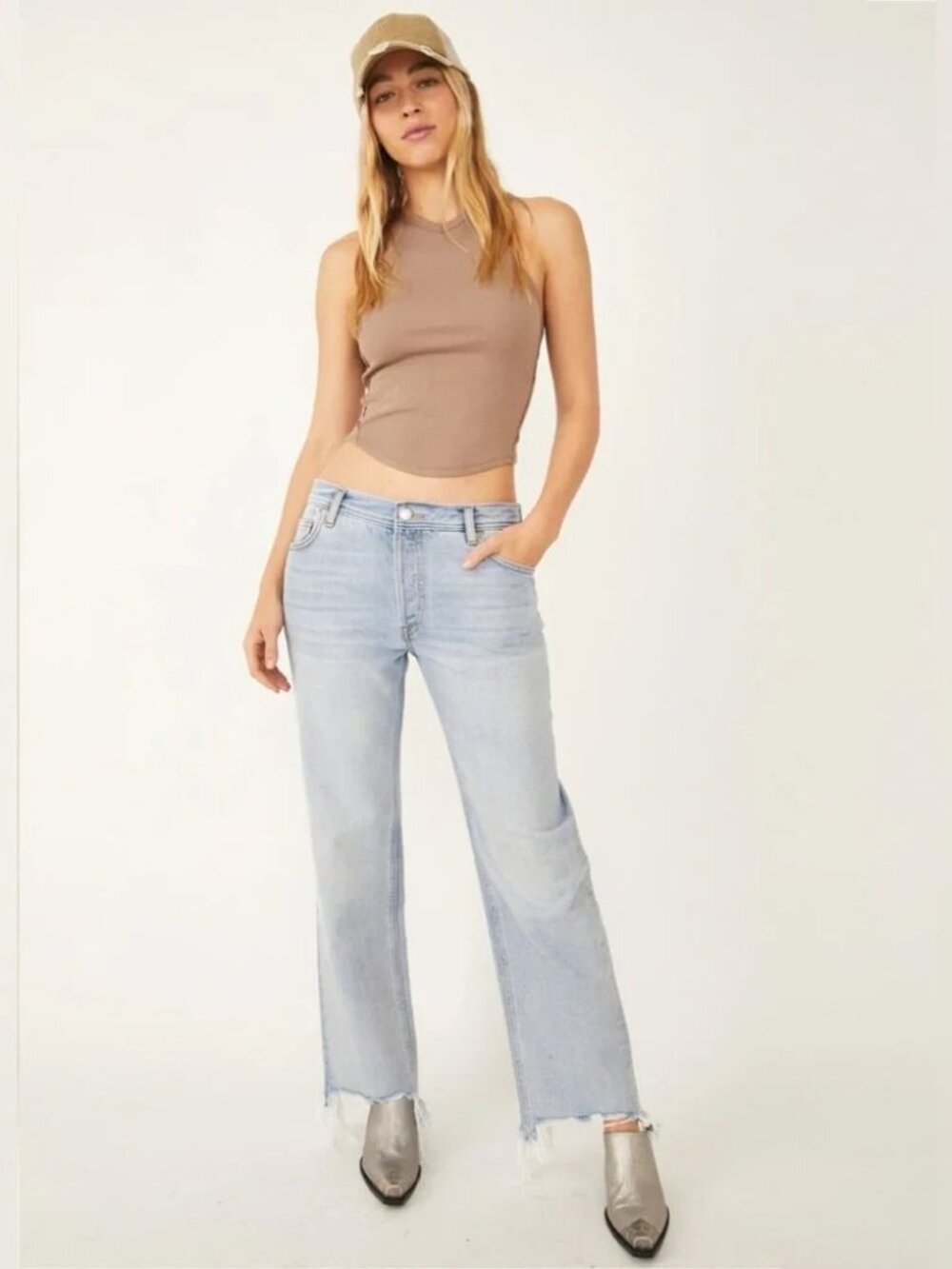 Free People We The Free Maggie Jeans Cotton Straight Leg Mid-Rise Frayed Hem 24